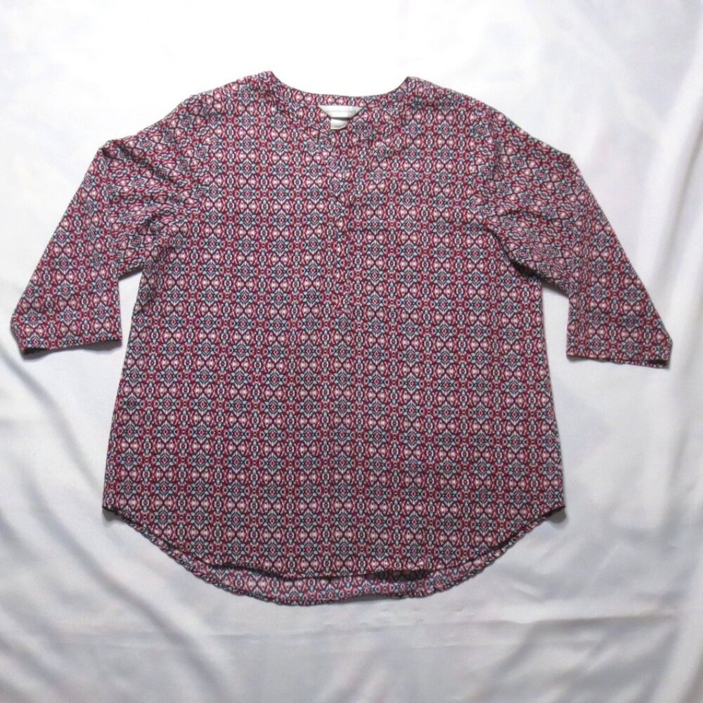 4/$14 CHRISTOPHER & BANKS womens SHIRT top AZTEK burgundy ¾ SLEEVE blouse SIZE L